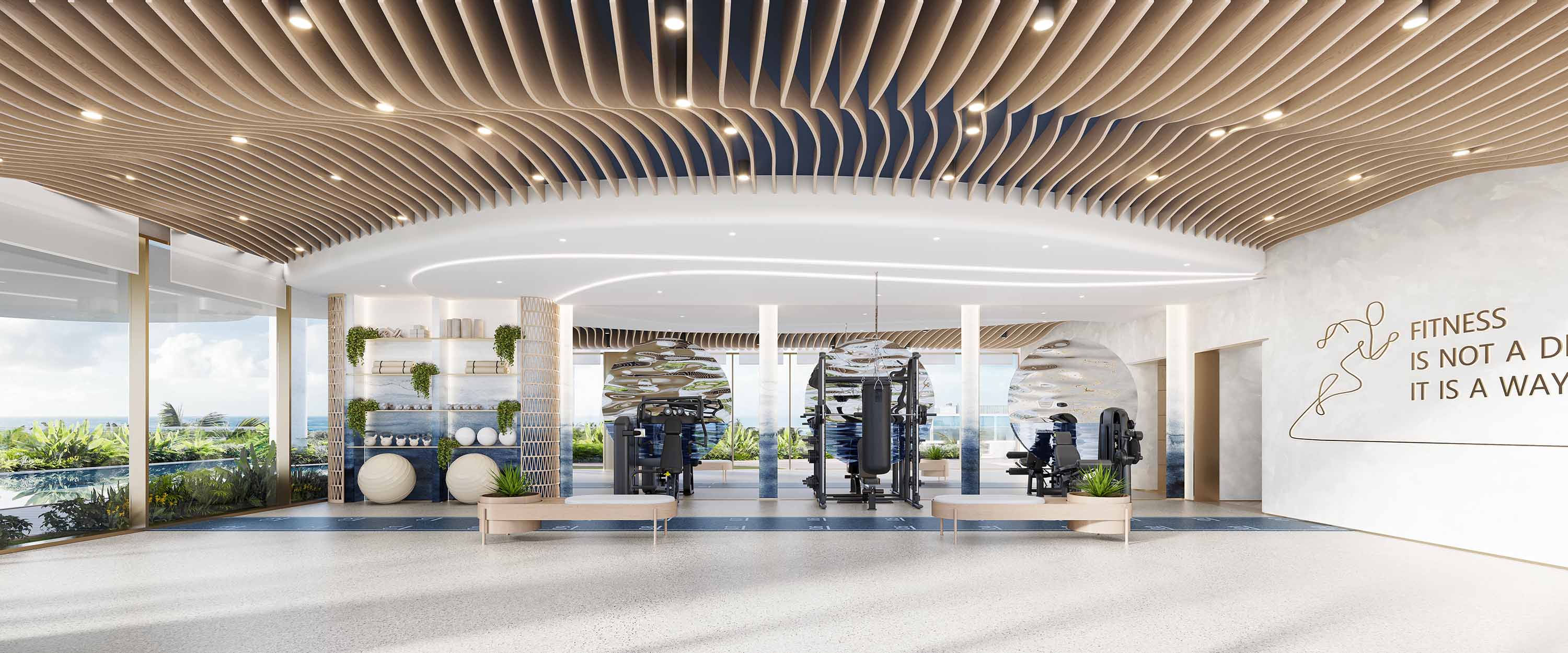 Sunset Bay By Imtiaz A modern fitness studio featuring sleek equipment, natural light, decorative plants, and an inspiring wall quote.